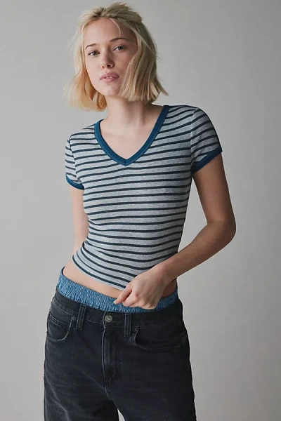 Bdg Too Perfect V Neck Tee In Double Stripe, Women's At Urban Outfitters
