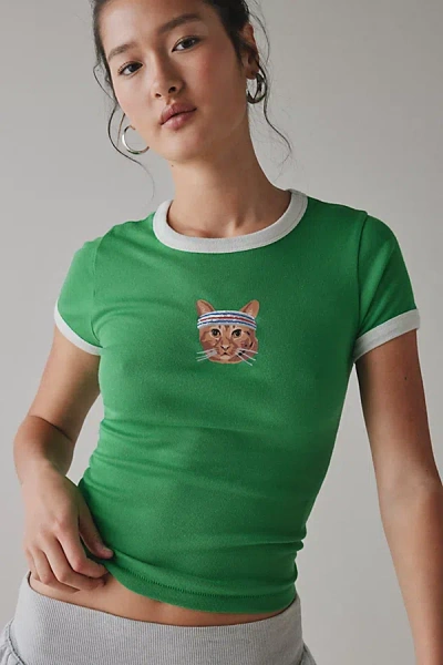 Bdg Too Perfect Workout Cat Graphic Ringer Baby Tee In Green, Women's At Urban Outfitters