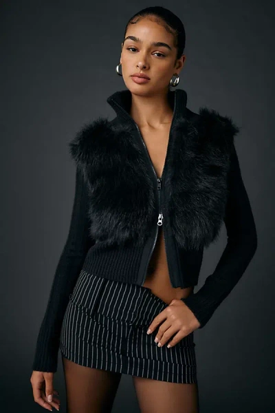 Bdg Tori Faux Fur Trim Zip-up Sweater Jacket In Black, Women's At Urban Outfitters