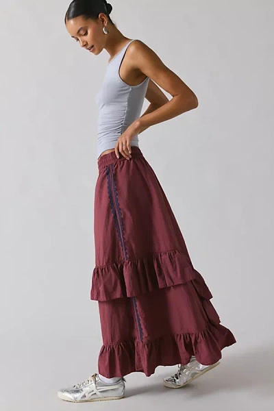 Bdg Track Angel Tiered Ruffle Nylon Maxi Skirt In Dark Red, Women's At Urban Outfitters In White