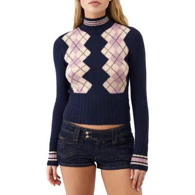 Bdg Urban Outfitters Argyle Turtleneck Crop Sweater In Navy