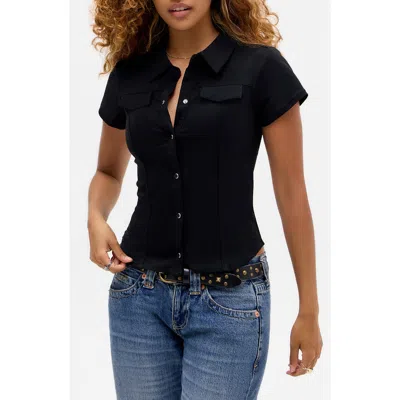 Bdg Urban Outfitters Bengaline Polly Short Sleeve Snap-up Shirt In Black
