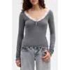 Bdg Urban Outfitters Diana Lace Trim Crop Rib Knit Henley In Gray