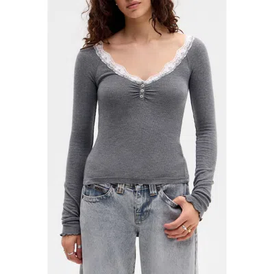 Bdg Urban Outfitters Diana Lace Trim Crop Rib Knit Henley In Gray