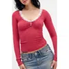 Bdg Urban Outfitters Diana Lace Trim Crop Rib Knit Henley In Red