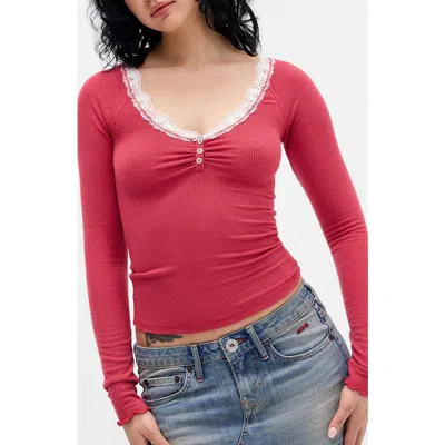 Bdg Urban Outfitters Diana Lace Trim Crop Rib Knit Henley In Red