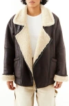 Bdg Urban Outfitters Ella Faux Shearling Lined Faux Leather Aviator Jacket In Chocolate