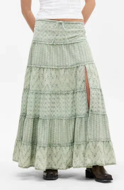 Bdg Urban Outfitters Embroidered Eyelet Tiered Cotton Maxi Skirt In Green