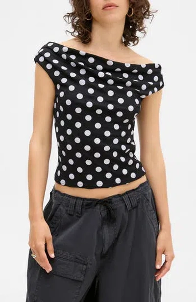 Bdg Urban Outfitters Fia Off The Shoulder Polka Dot Mesh Top In Black