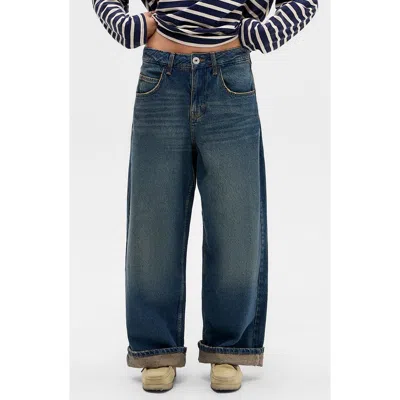 Bdg Urban Outfitters Jaya Texan Low Rise Cuffed Hem Wide Leg Jeans In Blue