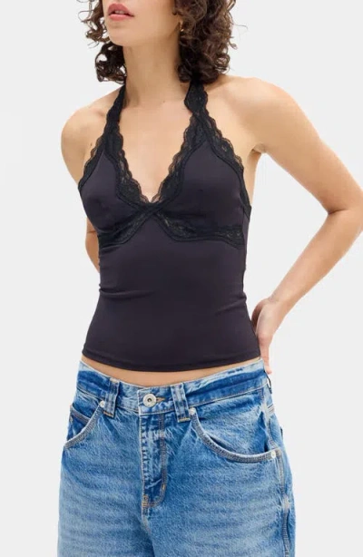 Bdg Urban Outfitters Je T'aime Lace Trim Halter Top In Black
