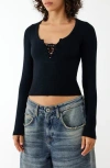 Bdg Urban Outfitters Knockout Long Sleeve Tie Front Crop Top In Black