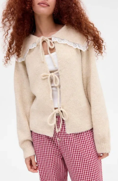 Bdg Urban Outfitters Lace Trim Tie Front Cardigan In Neutral
