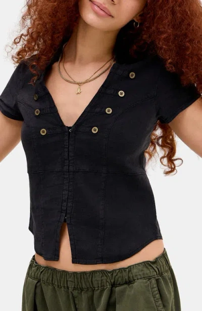 Bdg Urban Outfitters Milo Military Button Trim Linen Blend Crop Top In Black