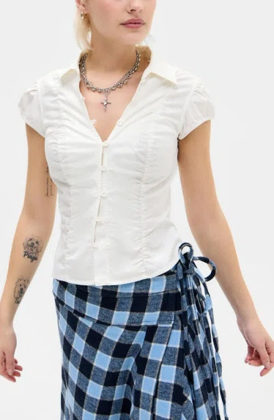 Bdg Urban Outfitters Nadine Stripe Ruched Seam Button-up Top In White