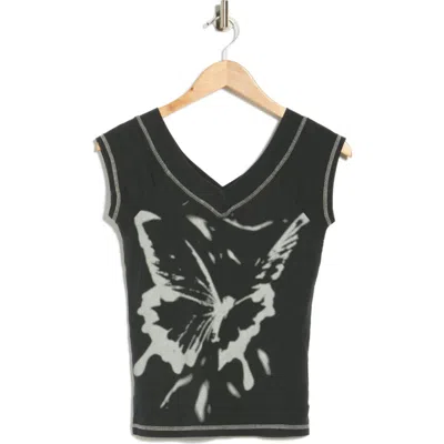 Bdg Urban Outfitters Shannen Butterfly Shadow Cap Sleeve Top In Black