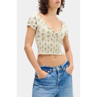 Bdg Urban Outfitters Sydney Smocked Stretch Cotton Crop Top In Green Floral