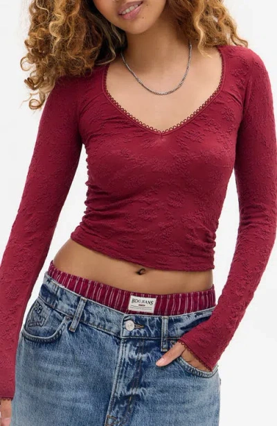 Bdg Urban Outfitters Textured V-neck Long Sleeve Crop Top In Burgundy