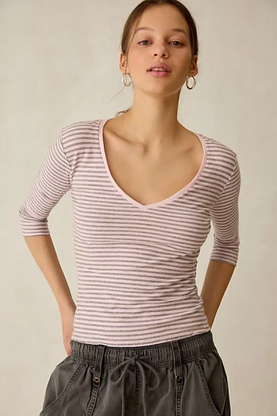 Bdg V-neck 3/4 Sleeve Spill The Tee In Pink Stripe, Women's At Urban Outfitters In Neutral