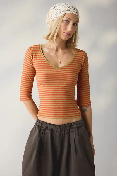 Bdg V-neck 3/4 Sleeve Spill The Tee In Red Stripe, Women's At Urban Outfitters