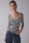 Bdg Vee Neck 3/4 Sleeve Spill The Tee In Black/white Stripe, Women's At Urban Outfitters In Multi