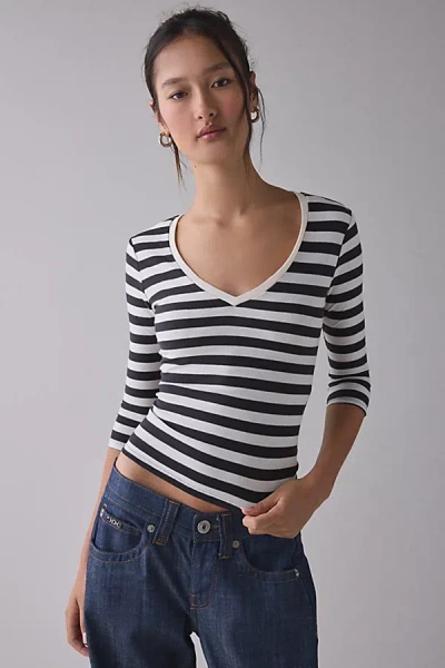 Bdg Vee Neck 3/4 Sleeve Spill The Tee In Black/white Stripe, Women's At Urban Outfitters In Multi