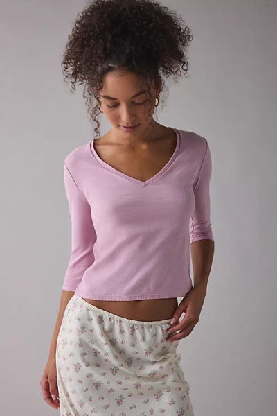 Bdg Vee Neck 3/4 Sleeve Spill The Tee In Pink, Women's At Urban Outfitters