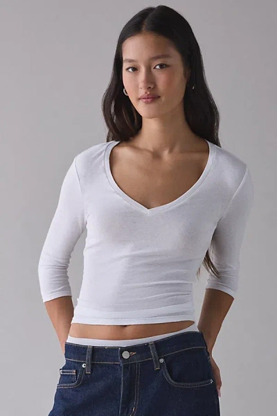 Bdg Vee Neck 3/4 Sleeve Spill The Tee In White, Women's At Urban Outfitters