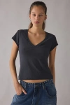 Bdg Vee Neck Short Sleeve Spill The Tee In Black, Women's At Urban Outfitters