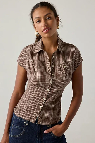 Bdg Veronica Short Sleeve Button-down Shirt In Brown, Women's At Urban Outfitters