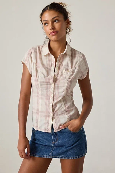 Bdg Veronica Short Sleeve Button-down Shirt In Pink Plaid, Women's At Urban Outfitters In White