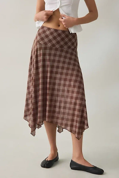 Bdg Winnie Plaid Sheer Mesh Hanky Hem Drop Waist Midi Skirt In Brown, Women's At Urban Outfitters