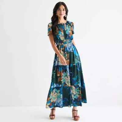 Be By Chetta B Womens Short Sleeve Floral Maxi Dress In Blue