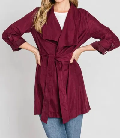 Be Cool Chic Faux Suede Waterfall Trench Jacket In Burgundy In Multi