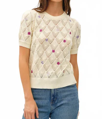 Be Cool Floral Embroidery Crochet Sweater Top In Lilac/ Cream In Neutral