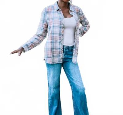 Be Cool Plaid Button Up Flannel Top In Slate & Clay In Blue