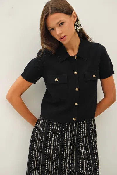 Be Cool Short Sleeve Button Down Cardigan In Black