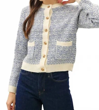 Be Cool Timeless Polished Tweed Knit Crewneck Cardigan In Cream Soft Blue