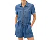 Be Cool Utility Button-up Romper With Pockets In Denim In Blue