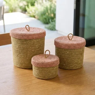 Be Home Hydra Woven Seagrass Nesting Canisters Set Of 3, Rose In Pink