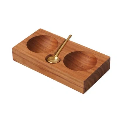 Be Home Teak Plank Salt & Pepper Cellar With Gold Spoon In Brown
