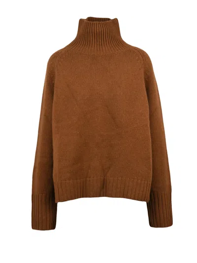 Be You Cashmere High Neck Sweater With Raglan Sleeves And Ribbed Detailing In Brown