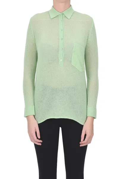 Be You Cashmere Knit Polo Style Wide Pullover In Spring Green