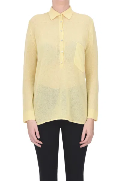 Be You Cashmere Knit Polo Style Wide Pullover In Yellow