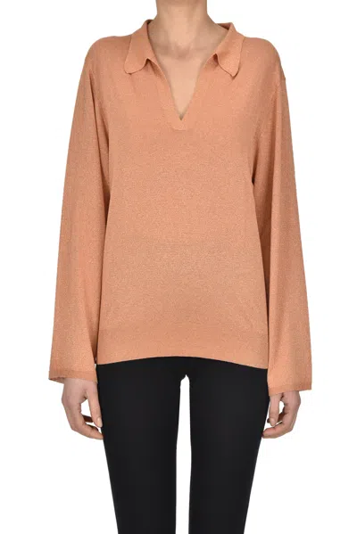 Be You Lamè Knit Polo Style Pullover In Brown