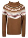 Be You Short-fit Cashmere Sweater With High Collar And Contrasting Knit Pattern In Brown