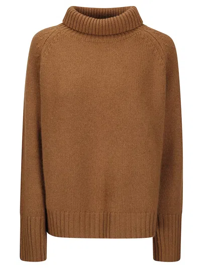 Be You Short-fit High-collar Cashmere Sweater With Side Slits In Brown