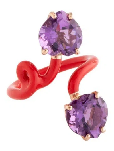 Pre-owned Bea Bongiasca 9k 6.46 Ctw Amethyst & Enamel Double Vine Tendril Ring In Red
