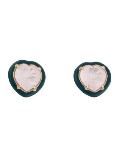 Pre-owned Bea Bongiasca 9k Rose Quartz & Enamel Candy Heart Stud Earrings In Blue