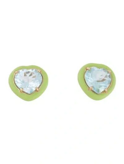 Pre-owned Bea Bongiasca 9k Topaz & Enamel Candy Heart Stud Earrings In Green